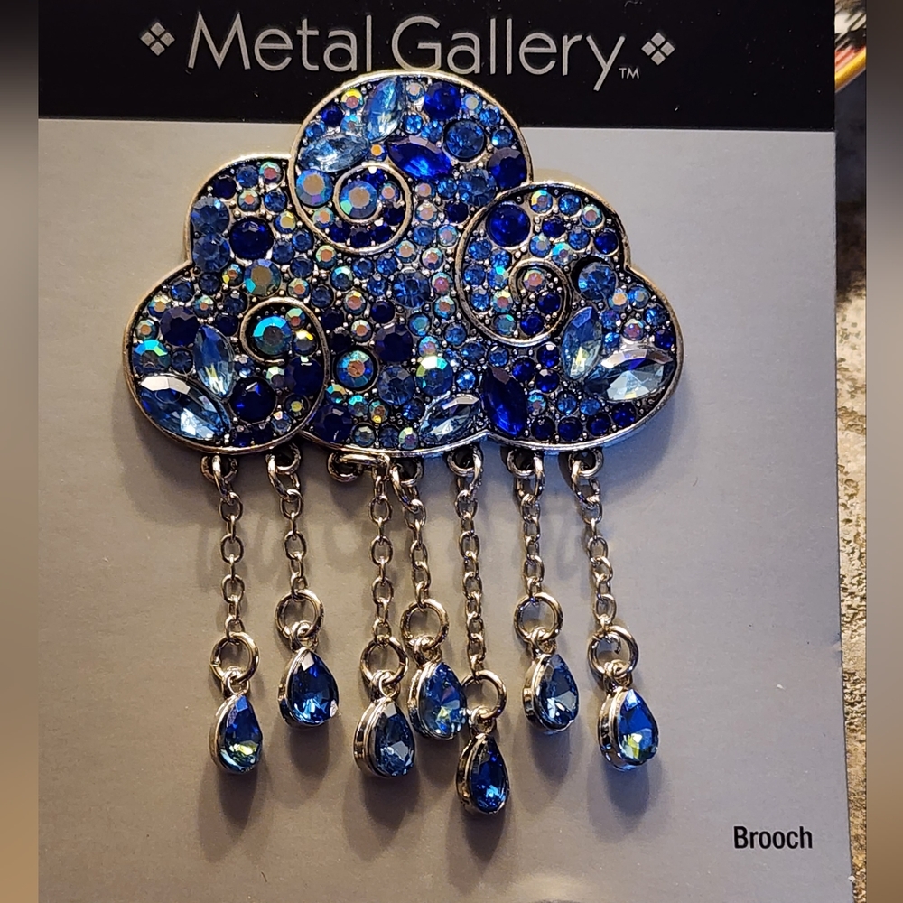 Metal Gallery Silver Tone Rain Cloud Rhinestone Brooch Multi Blue Rhinestones